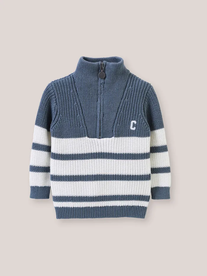 Baby Cyrillus Baby Boy Organic Cotton Sweater With Zip Neckline Rayure Bleuecru