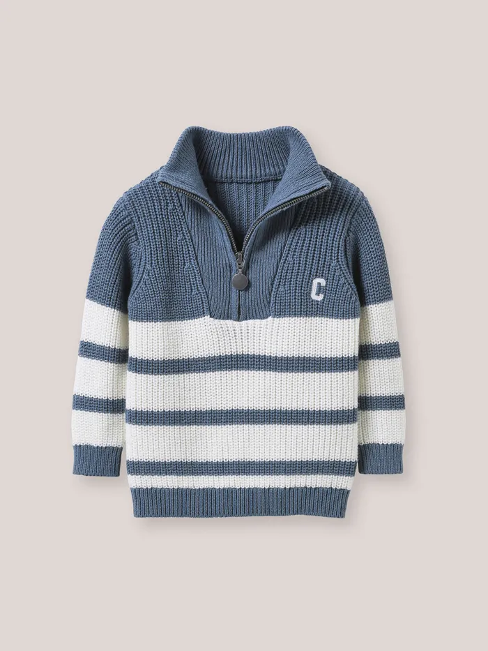 Baby Cyrillus Baby Boy Organic Cotton Sweater With Zip Neckline Rayure Bleuecru