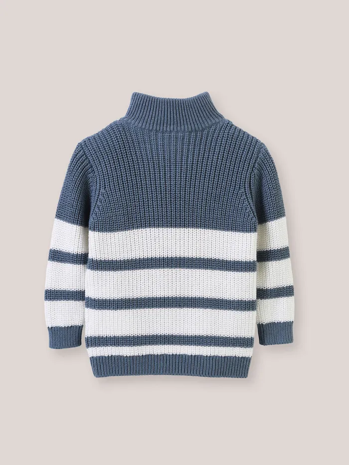 Baby Cyrillus Baby Boy Organic Cotton Sweater With Zip Neckline Rayure Bleuecru