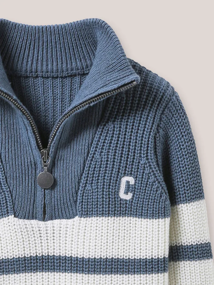 Baby Cyrillus Baby Boy Organic Cotton Sweater With Zip Neckline Rayure Bleuecru