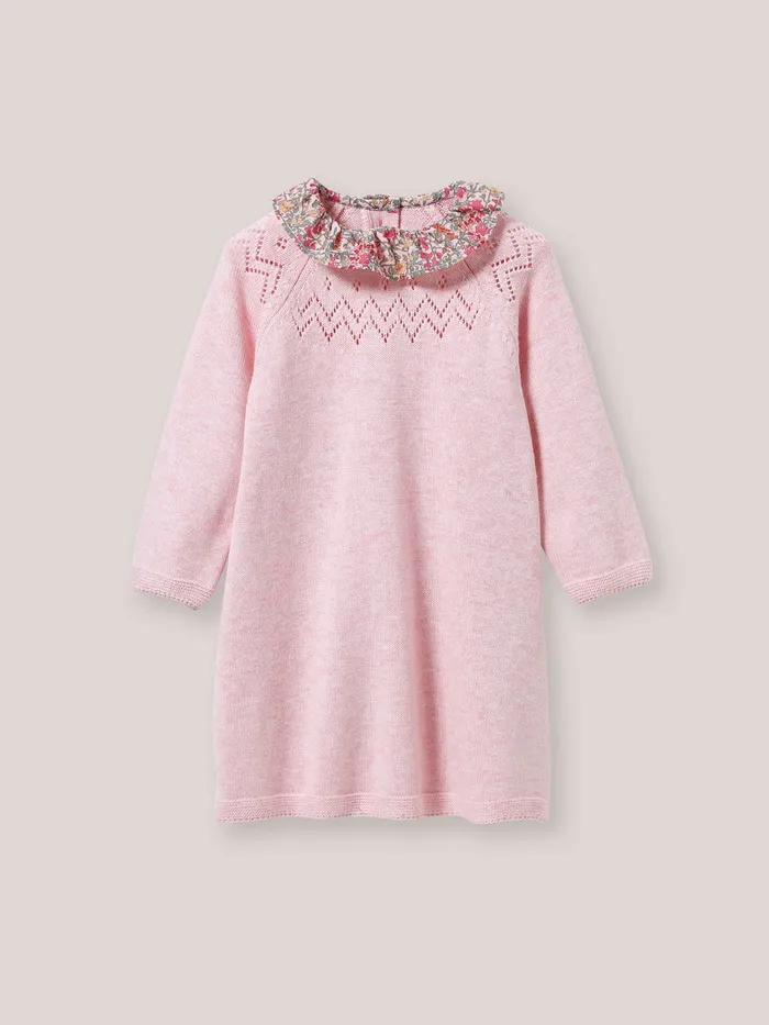 Baby Cyrillus Baby Girl Knit Dress With Collar Made With Liberty Fabric Rose Chine