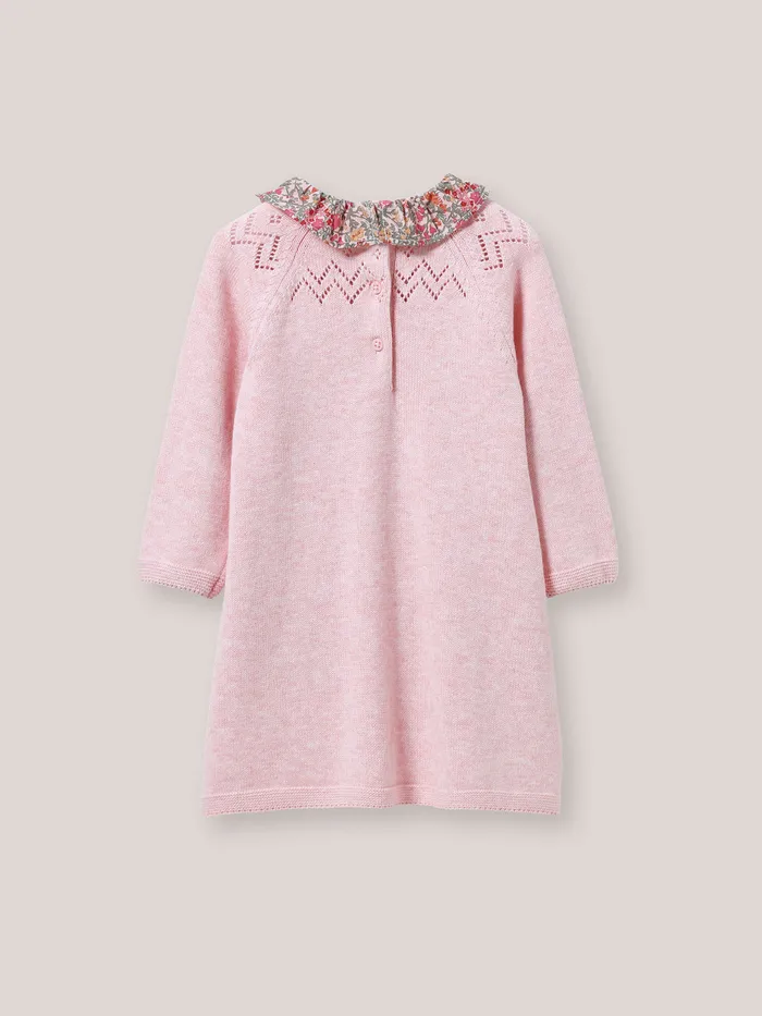 Baby Cyrillus Baby Girl Knit Dress With Collar Made With Liberty Fabric Rose Chine