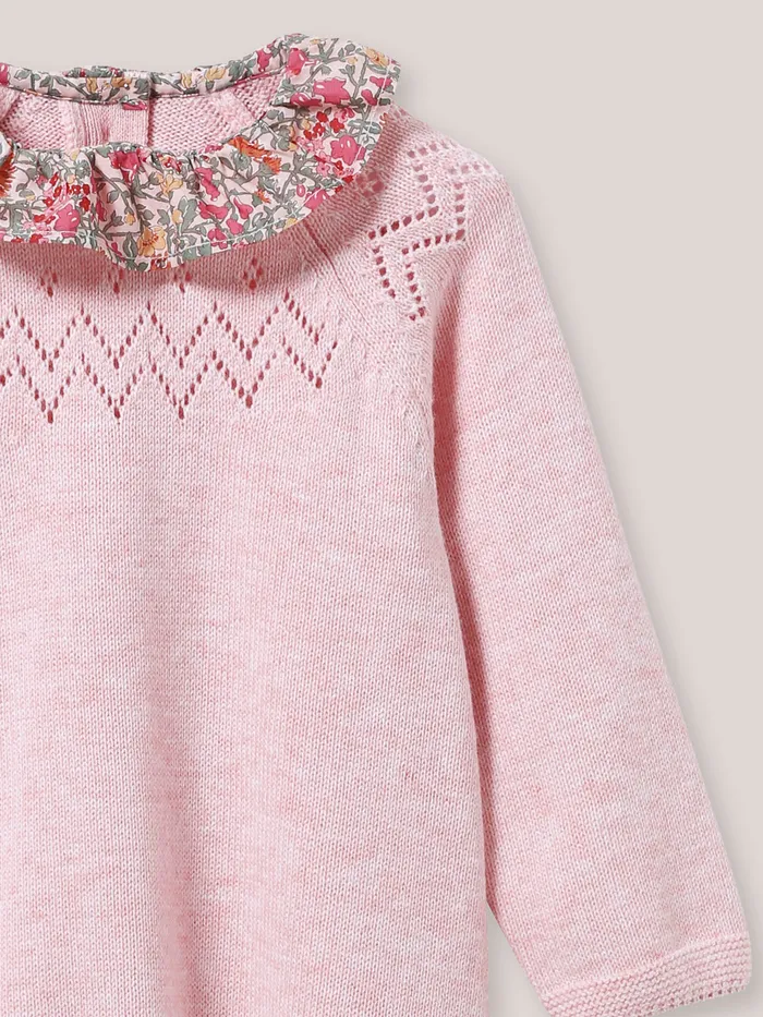 Baby Cyrillus Baby Girl Knit Dress With Collar Made With Liberty Fabric Rose Chine