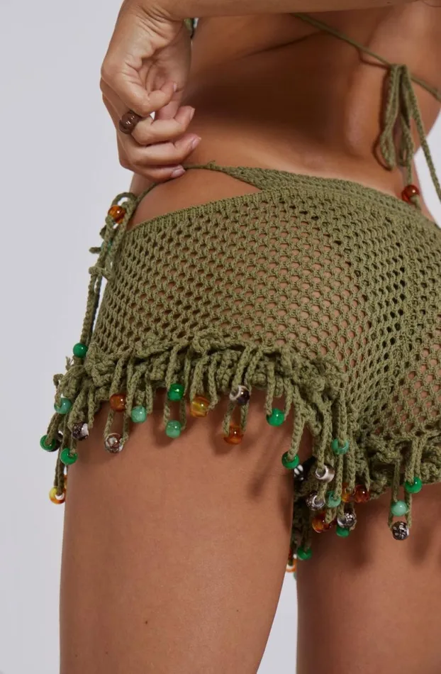 Beach Cover Ups Women Jaded London Green Canary Knit Shorts With Beaded Trim