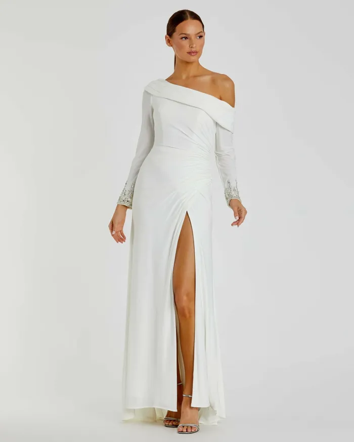 Beaded Cuff Drop Shoulder Faux Wrap Dress White Best Sellers Mac Duggal Women