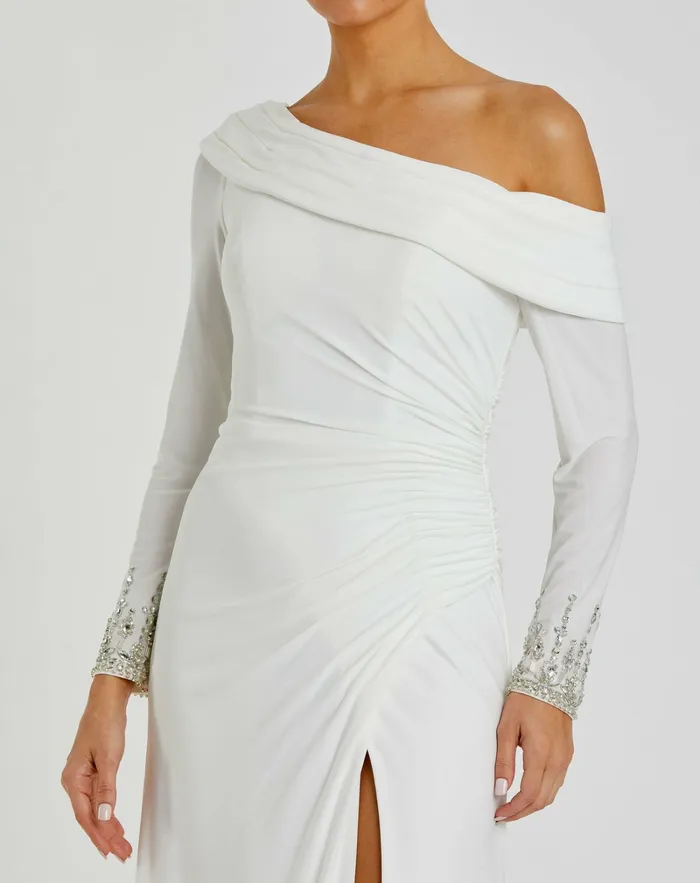 Beaded Cuff Drop Shoulder Faux Wrap Dress White Best Sellers Mac Duggal Women