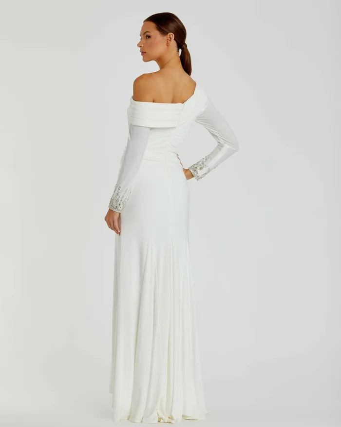Beaded Cuff Drop Shoulder Faux Wrap Dress White Best Sellers Mac Duggal Women
