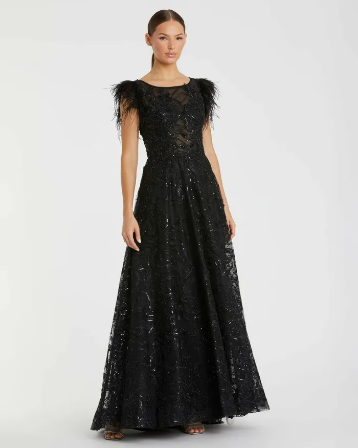 Best Sellers Embellished Feather Cap Sleeve Bateau A Line Gown Black Mac Duggal Women