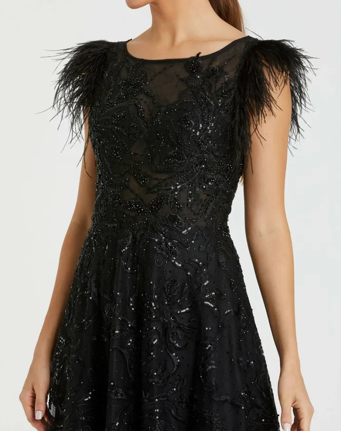 Best Sellers Embellished Feather Cap Sleeve Bateau A Line Gown Black Mac Duggal Women
