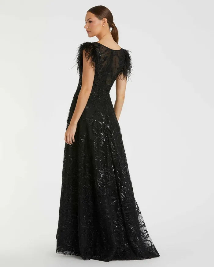 Best Sellers Embellished Feather Cap Sleeve Bateau A Line Gown Black Mac Duggal Women