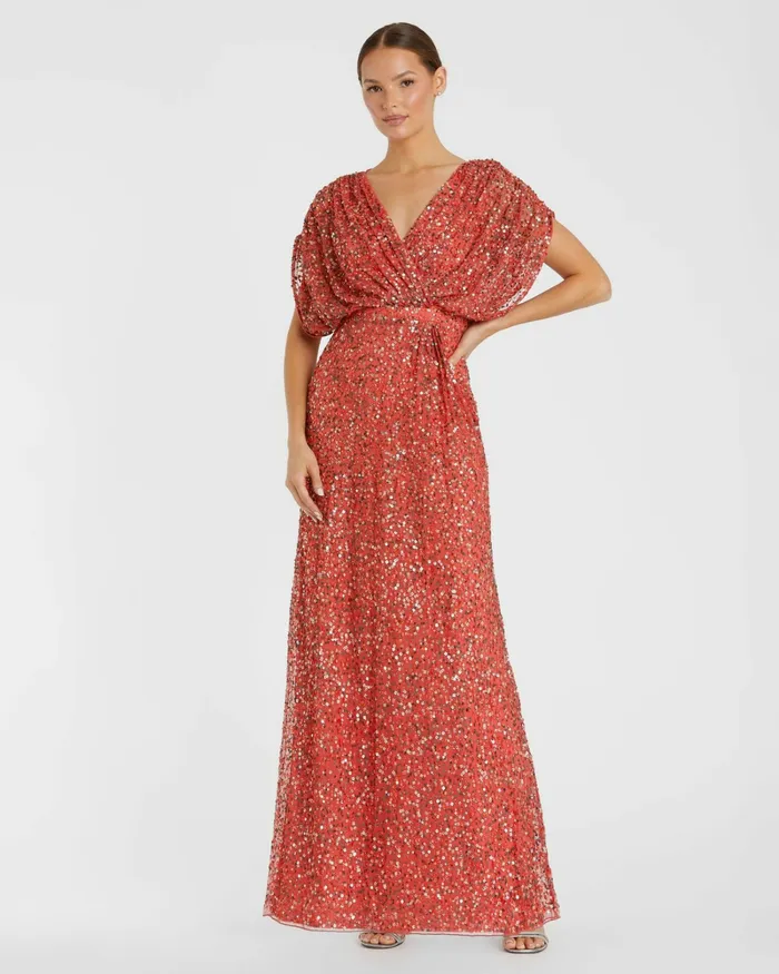 Best Sellers Mac Duggal Women Red Draped Sleeve V Neck Gown Paprika