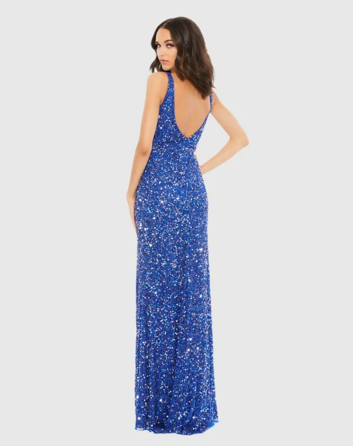 Best Sellers Women Blue Sequined Sleeveless V Neck Side Slit Gown Royal Blue Mac Duggal