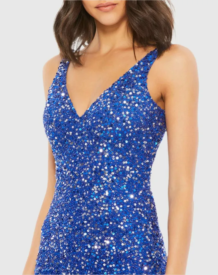 Best Sellers Women Blue Sequined Sleeveless V Neck Side Slit Gown Royal Blue Mac Duggal