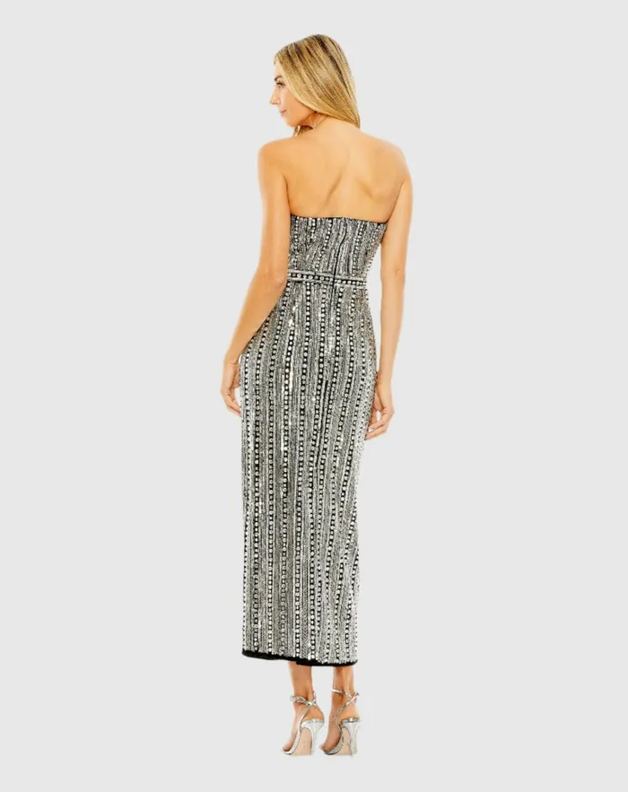 Black and Silver Embellished Strapless Column Dress Black Cocktail Dresses Mac Duggal Women