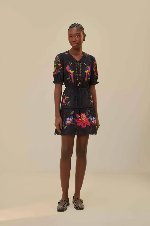 Black Embroidered Mini Dress Women Farm Rio Mini Dresses