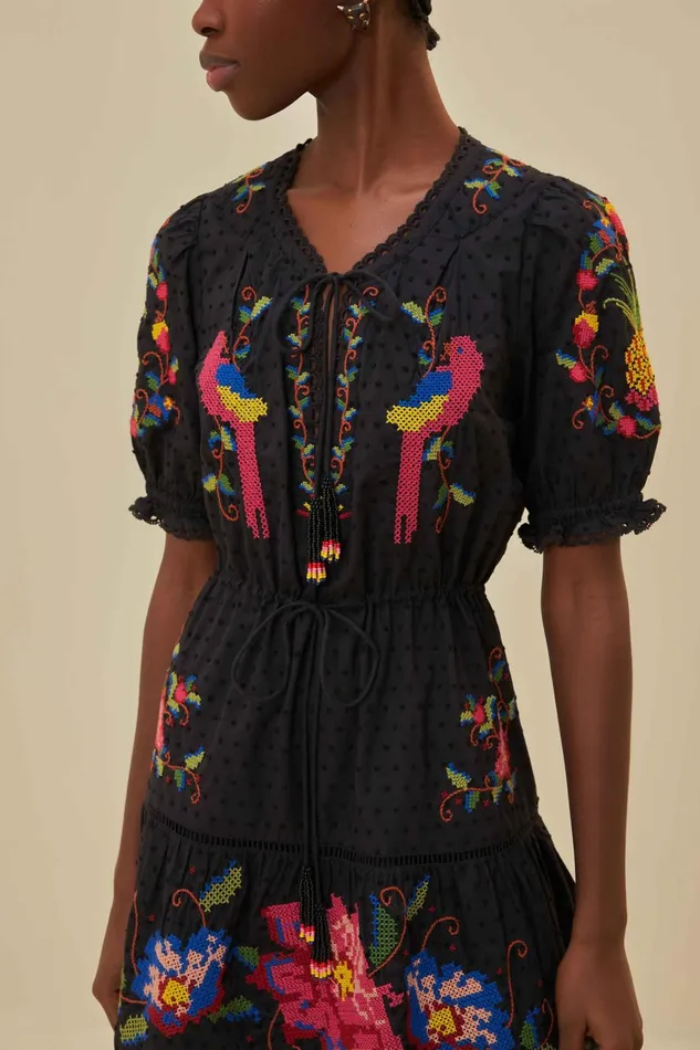 Black Embroidered Mini Dress Women Farm Rio Mini Dresses
