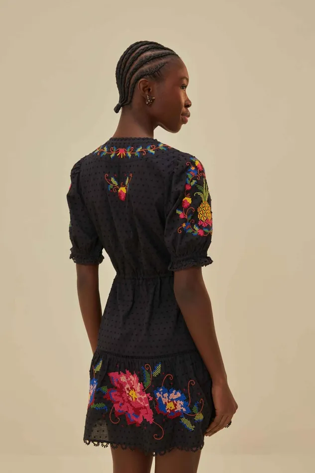 Black Embroidered Mini Dress Women Farm Rio Mini Dresses