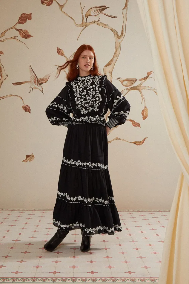 Black Embroidered Ruffle Longe Sleeve Blouse Women Farm Rio Blouses