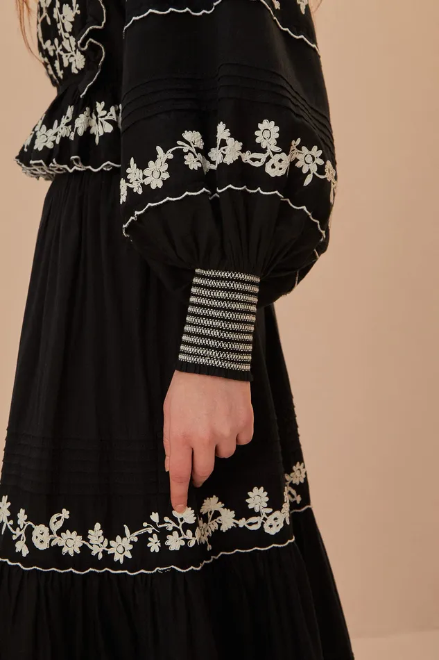 Black Embroidered Ruffle Longe Sleeve Blouse Women Farm Rio Blouses