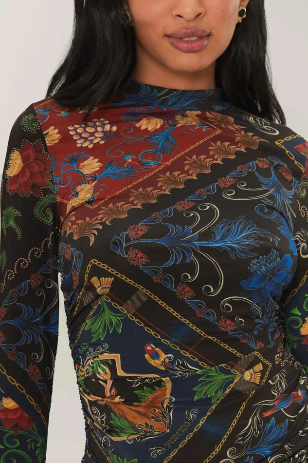 Black Mixed Arabesque Scarves Jersey Blouse Women Farm Rio Blouses