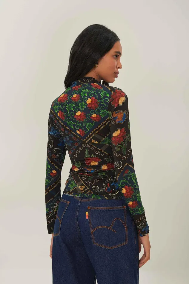 Black Mixed Arabesque Scarves Jersey Blouse Women Farm Rio Blouses