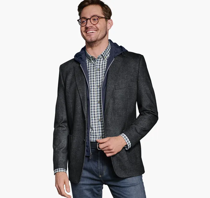 Blazers Removable HoodedBib Knit Blazer CharcoalNavy Johnston and Murphy Men