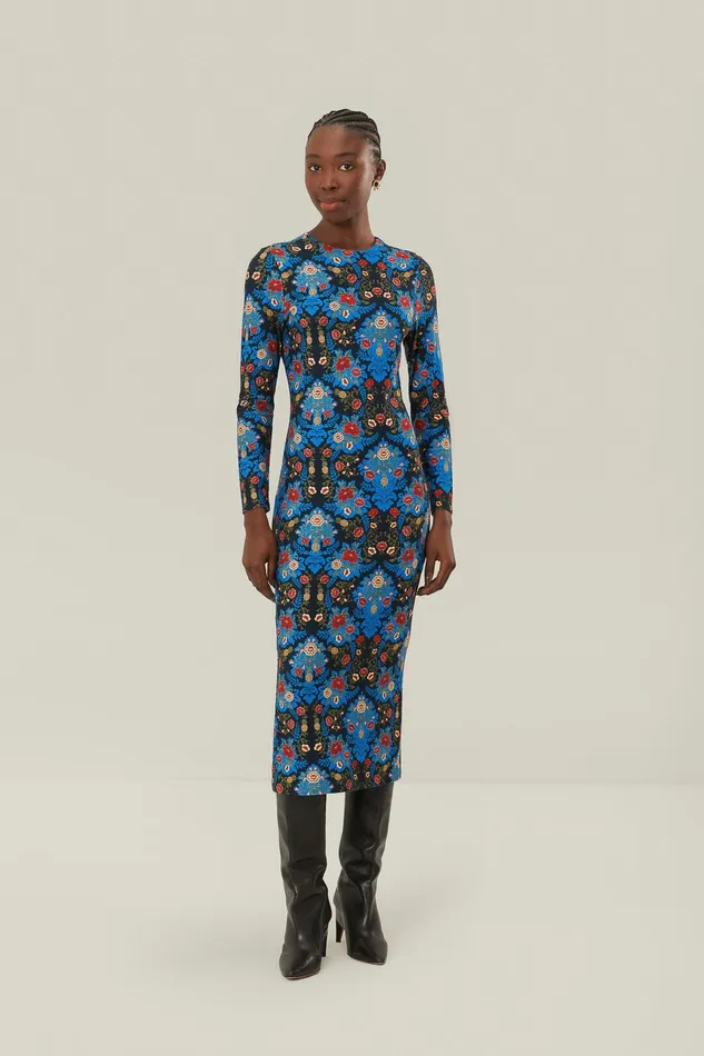 Blue Arabesque Floral Jersey Lenzing Ecovero Midi Dress Women Farm Rio Midi Dresses