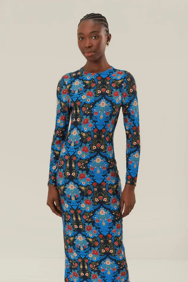 Blue Arabesque Floral Jersey Lenzing Ecovero Midi Dress Women Farm Rio Midi Dresses