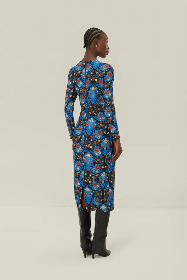 Blue Arabesque Floral Jersey Lenzing Ecovero Midi Dress Women Farm Rio Midi Dresses