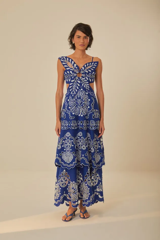 Blue Flower Richelieu Euroflax Premium Linen Midi Dress Women Farm Rio Midi Dresses