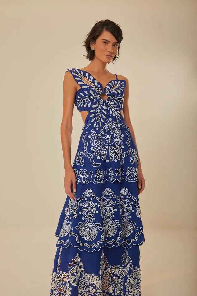 Blue Flower Richelieu Euroflax Premium Linen Midi Dress Women Farm Rio Midi Dresses