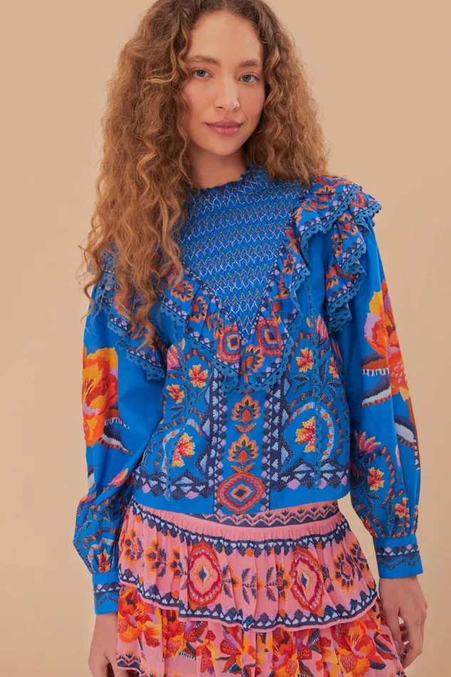 Blue Lucy Floral Tapestry Blouse Women Farm Rio Blouses