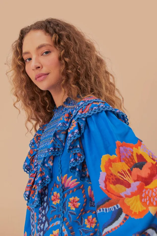 Blue Lucy Floral Tapestry Blouse Women Farm Rio Blouses