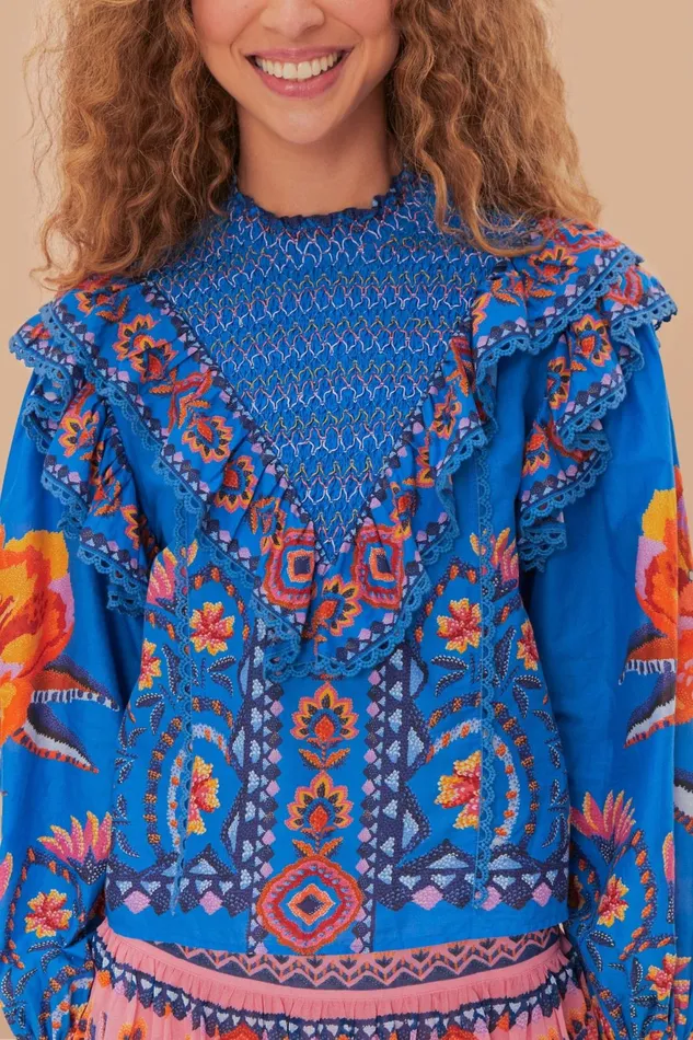 Blue Lucy Floral Tapestry Blouse Women Farm Rio Blouses