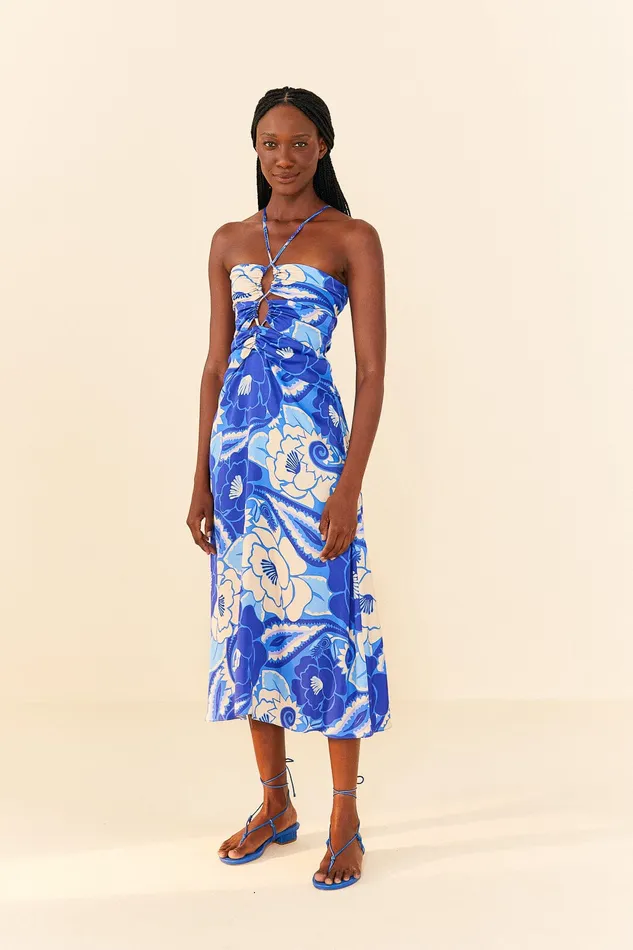 Blue Tropical Groove Lenzing Ecovero Viscose Midi Dress Women Farm Rio Midi Dresses