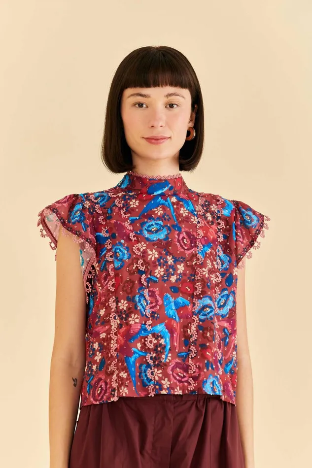 Blush Floral Birds Sleeveless Blouse Women Farm Rio Blouses
