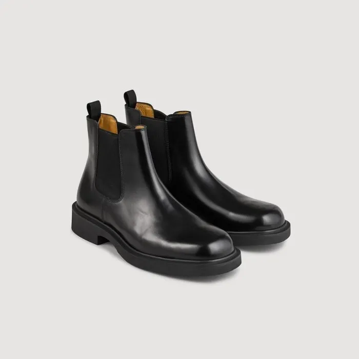 Boots Men SANDRO Glazed Leather Chelsea Boots Black