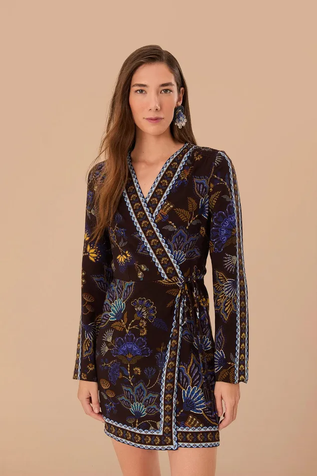 Brown Embroidered Garden Lenzing Ecovero Viscose Wrap Mini Dress Women Farm Rio Mini Dresses