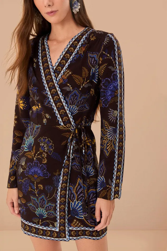 Brown Embroidered Garden Lenzing Ecovero Viscose Wrap Mini Dress Women Farm Rio Mini Dresses