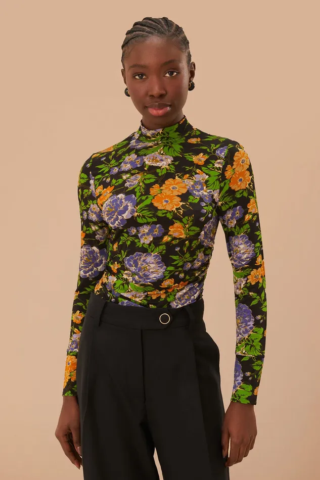 Capri Floral Black Jersey Blouse Women Farm Rio Blouses