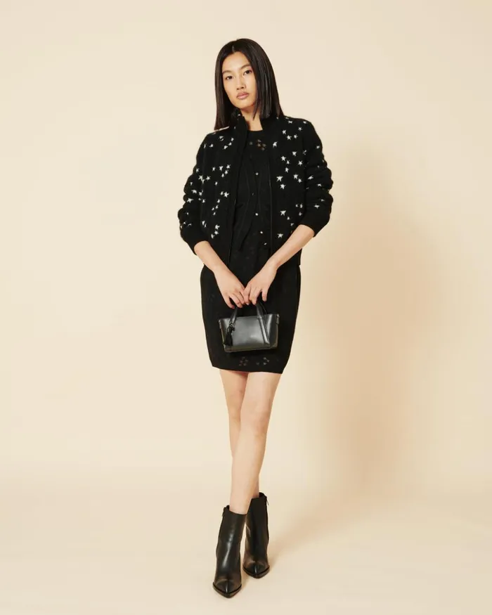 Cashmere Silk Cardigan With Star Intarsia Blackecru Women Akris Knitwear