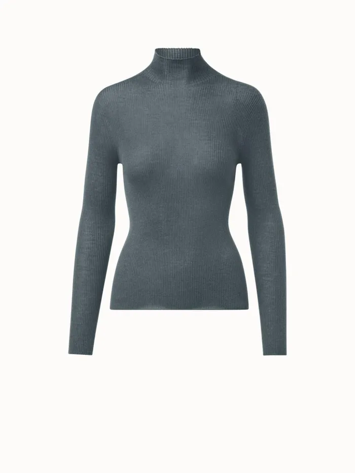 Cashmere Silk Fine Rib Mockneck Slate Women Akris Cashmere