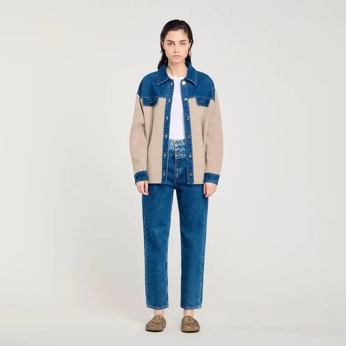 Coatigans Women SANDRO Denim And Knitwear Coatigan Beige