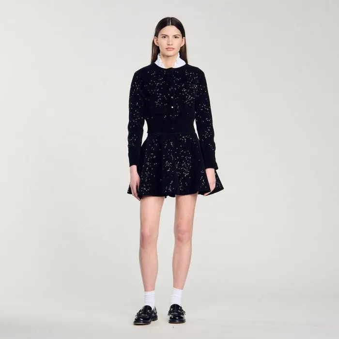 Coatigans Women SANDRO Sequinned Velvet Cardigan Black