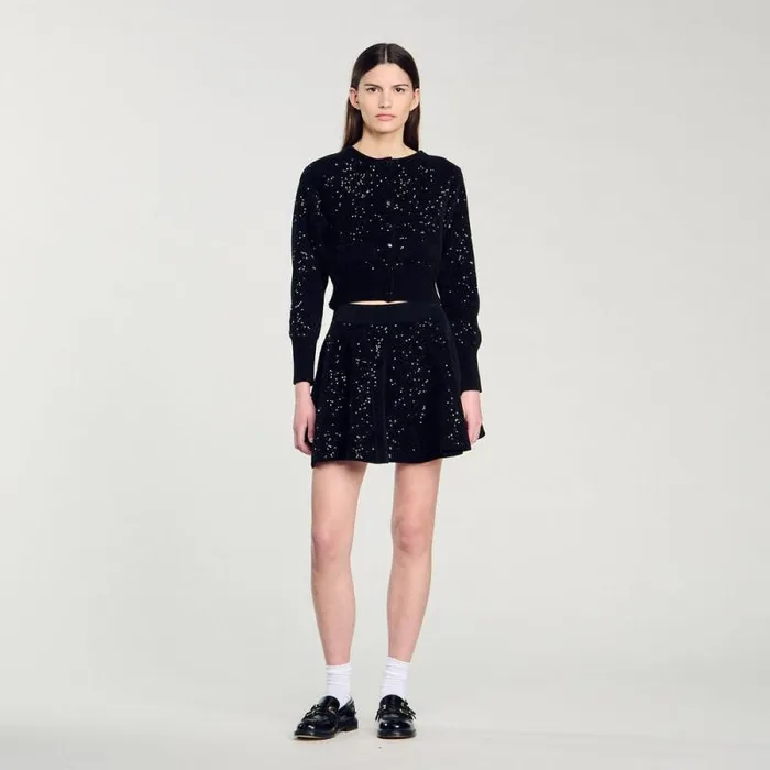 Coatigans Women SANDRO Sequinned Velvet Cardigan Black
