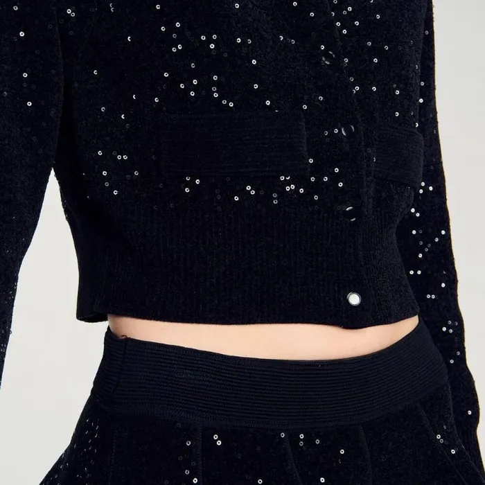 Coatigans Women SANDRO Sequinned Velvet Cardigan Black