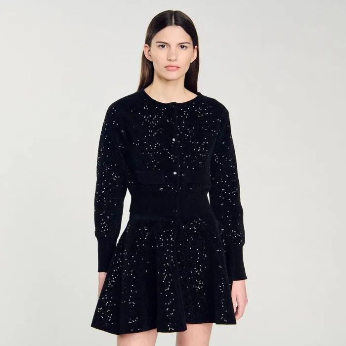 Coatigans Women SANDRO Sequinned Velvet Cardigan Black