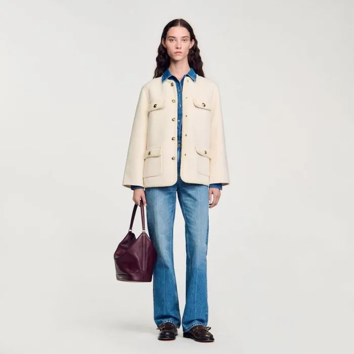 Coats and Trenches Women SANDRO Coat With Braided Trim Ecru