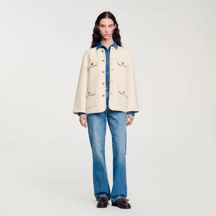 Coats and Trenches Women SANDRO Coat With Braided Trim Ecru