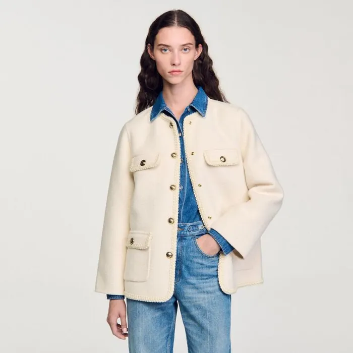 Coats and Trenches Women SANDRO Coat With Braided Trim Ecru